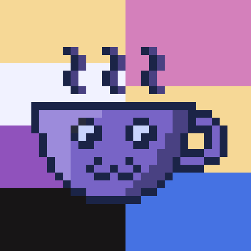 pixel art. purple teacup with eyes and animal face. the steam and the eyes move. background is the nonbinary flag on the left and the pansexiual flag on the right.