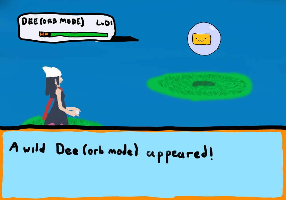 a hand drawn wild Pokemon encounter screen, wherein the player encounters a wild Dee (orb mode) (level 1)