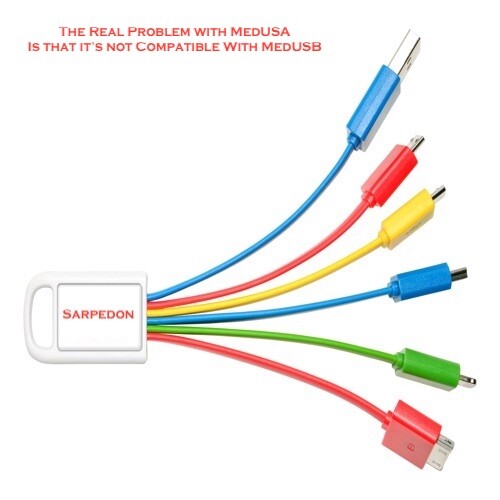 A cable adapter labeled 'Sarpedon,' the island where Medusa lived, with a spray of USB cables coming off it.  They look like snakes.  Sort of.

The caption reads, 'The Real Problem with MedUSA is that it's not compatible with MedUSB.'

Yes, this is a combination classics/mythology and computer nerd joke.