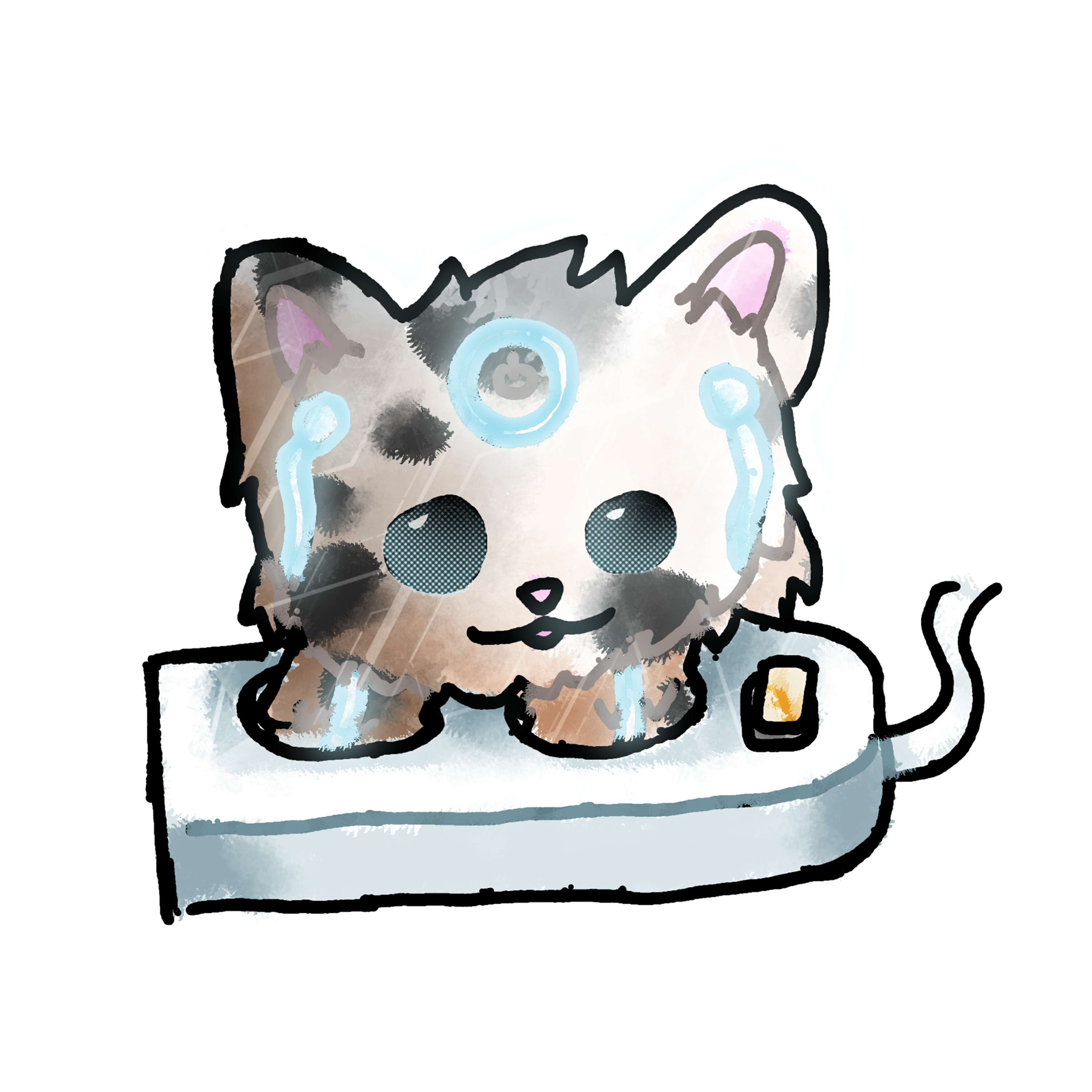 drawing of the robot kitten version of the maia kitten, a whiteish kitten with dark spots and blue lights, charging with it's paws in a power strip