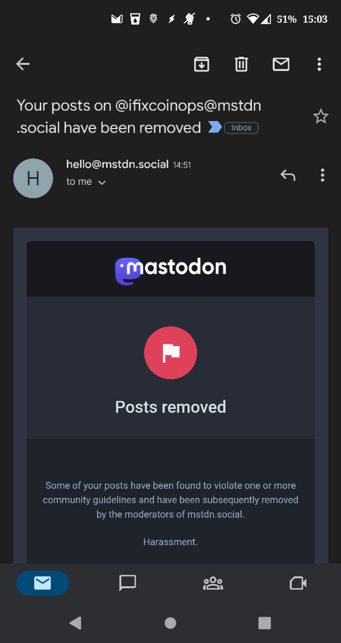 screencap of an email saying some of my posts were removed (it's the hey folks pls don't spell accessibility as a11y post)