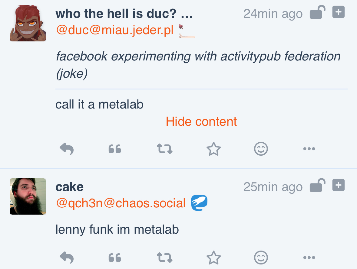 two fedi posts, one by @qch3n@chaos.social and one by @duc@miau.jeder.pl, both using the word metalab. they're one minute apart