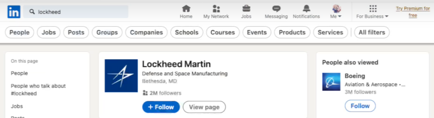 screenshot of lockheed martin on linkedin