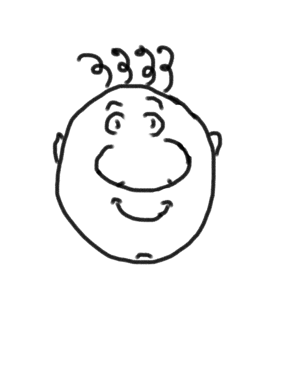 a little cartoon dude inspired by the text (C:) but sideways. he has a few strands of curly hair sprouting out of his head, and a very large round nose and a smile