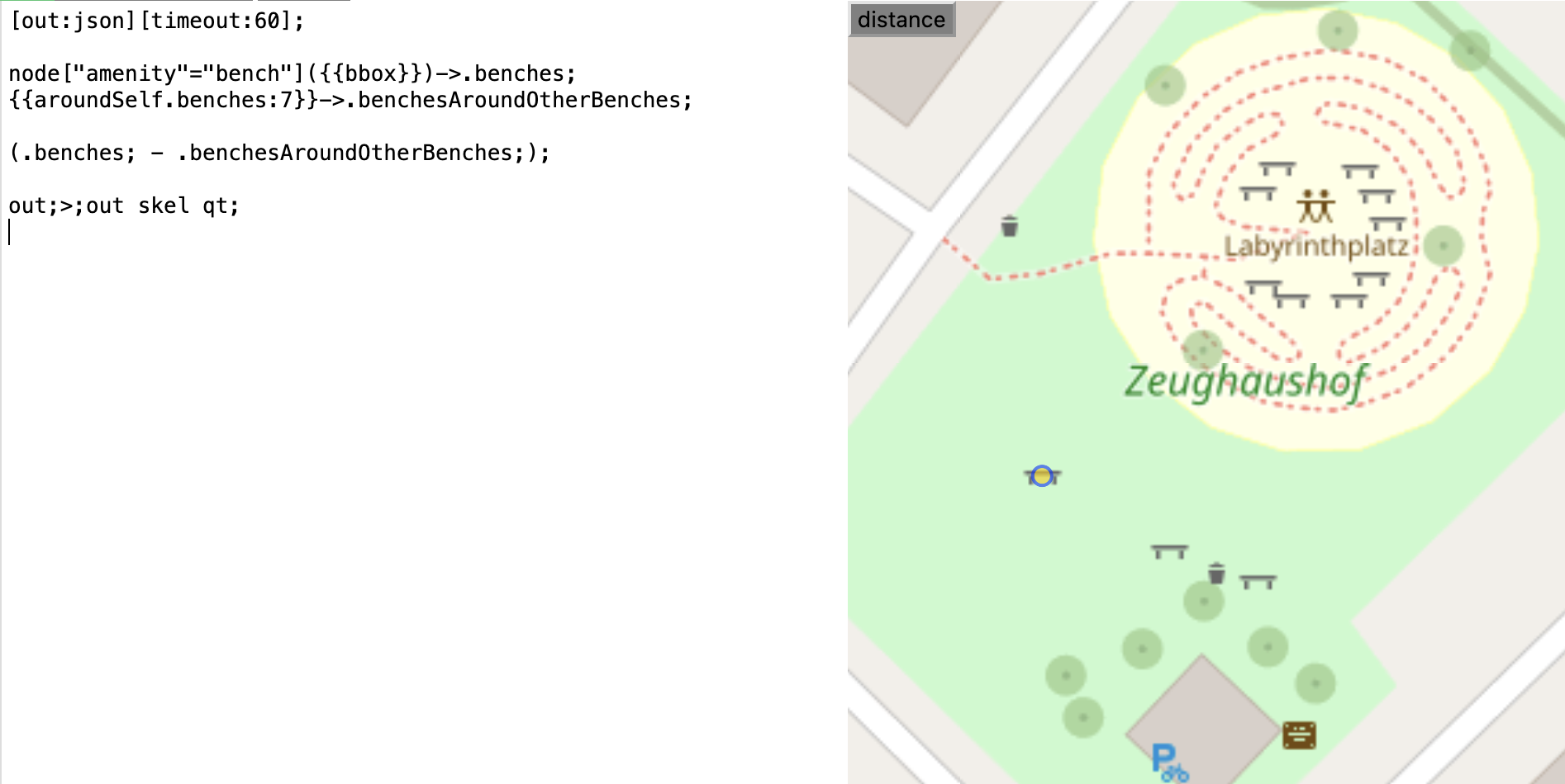 overpass turbo query which grabs all benches, then grabs the list of benches near other benches, and subtracts the first from the second, leaving only benches which are not around any other benches. next to the query there's a map that shows that this is indeed true