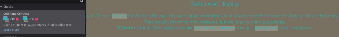 text in thin fonts in a dark cyan color on a background of subtly textured brown. the firefox devtools report a contrast ration between 2.10 and 2.32 on the WCAG scale, and it is really hard to read