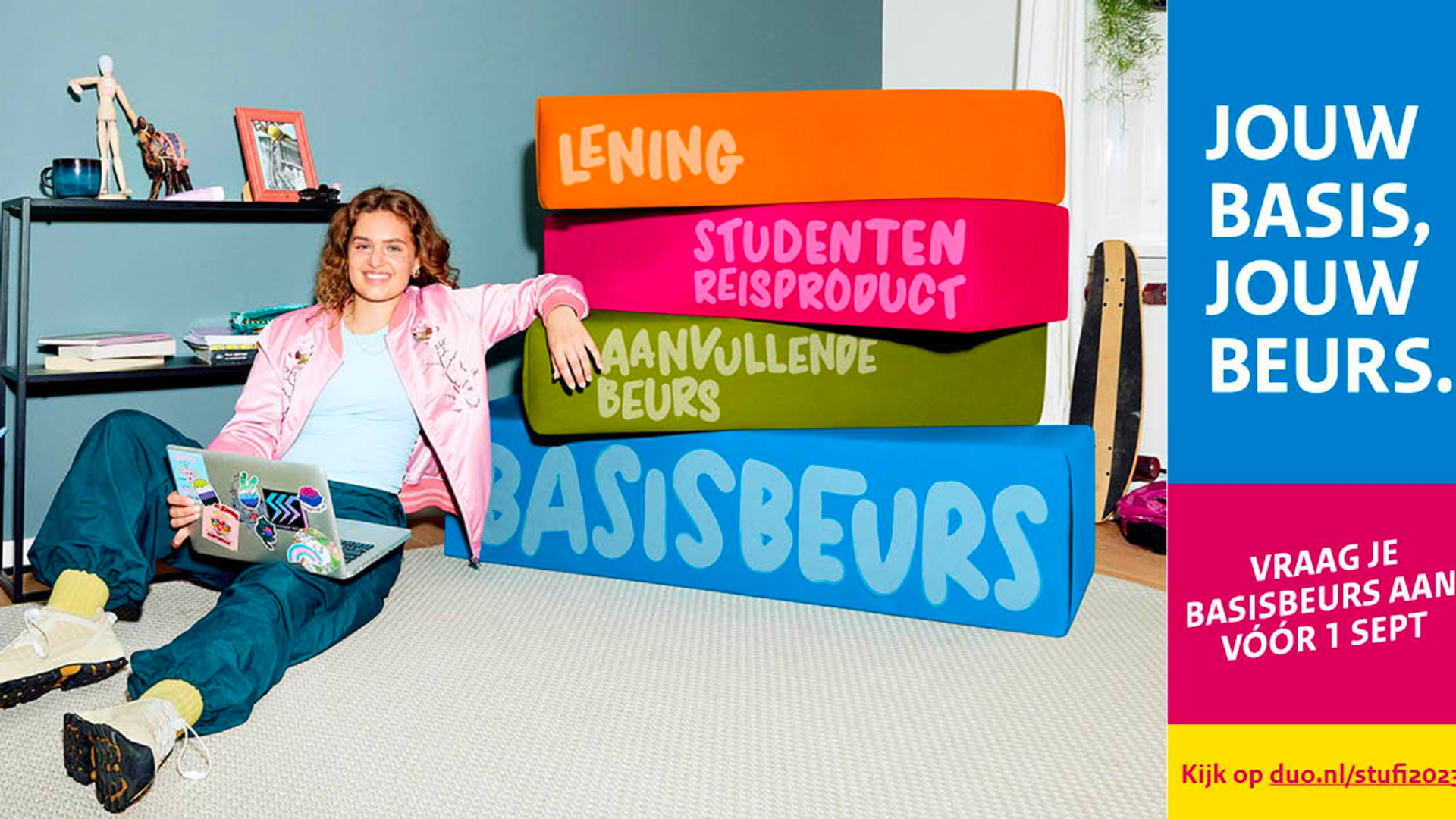 A picture almost entirely in dutch, the person is leaning against 4 pillows, saying "Basic Scholarship, extended scholarship, student free public transport", and "loan", on the side it says "Your Basis, Your Scholarship", "Request your basic scholarship today", with a link below. However, on the side, that person leaning against the boxes with the text, has some amazing clothing and gender going on, with a laptop that has an enby sticker, a mlm sticker, a bi sticker, and a trans sticker, together with a bunch of others, wtf.
