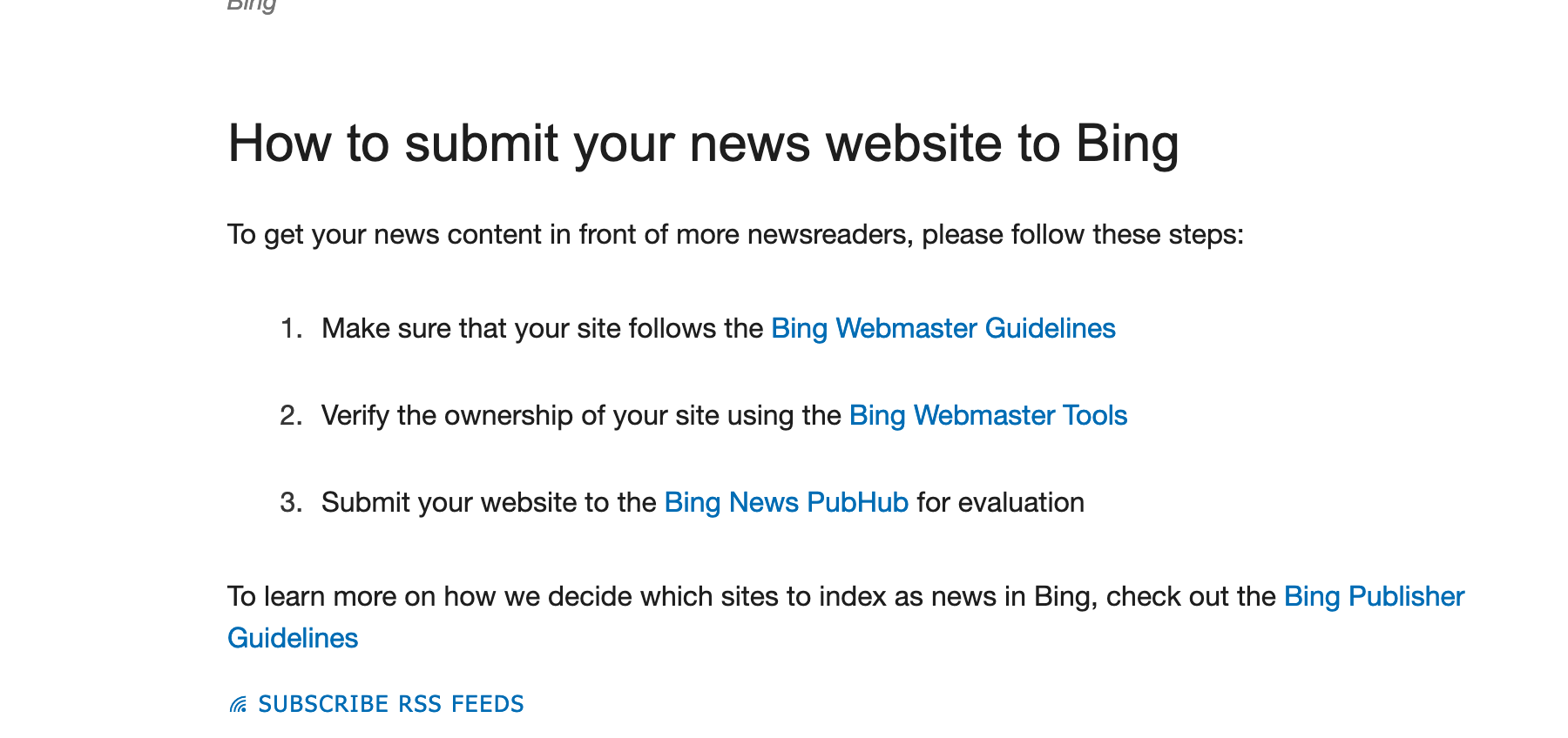 microsoft faq page telling me to go to bing news pubhub to publish news to bing