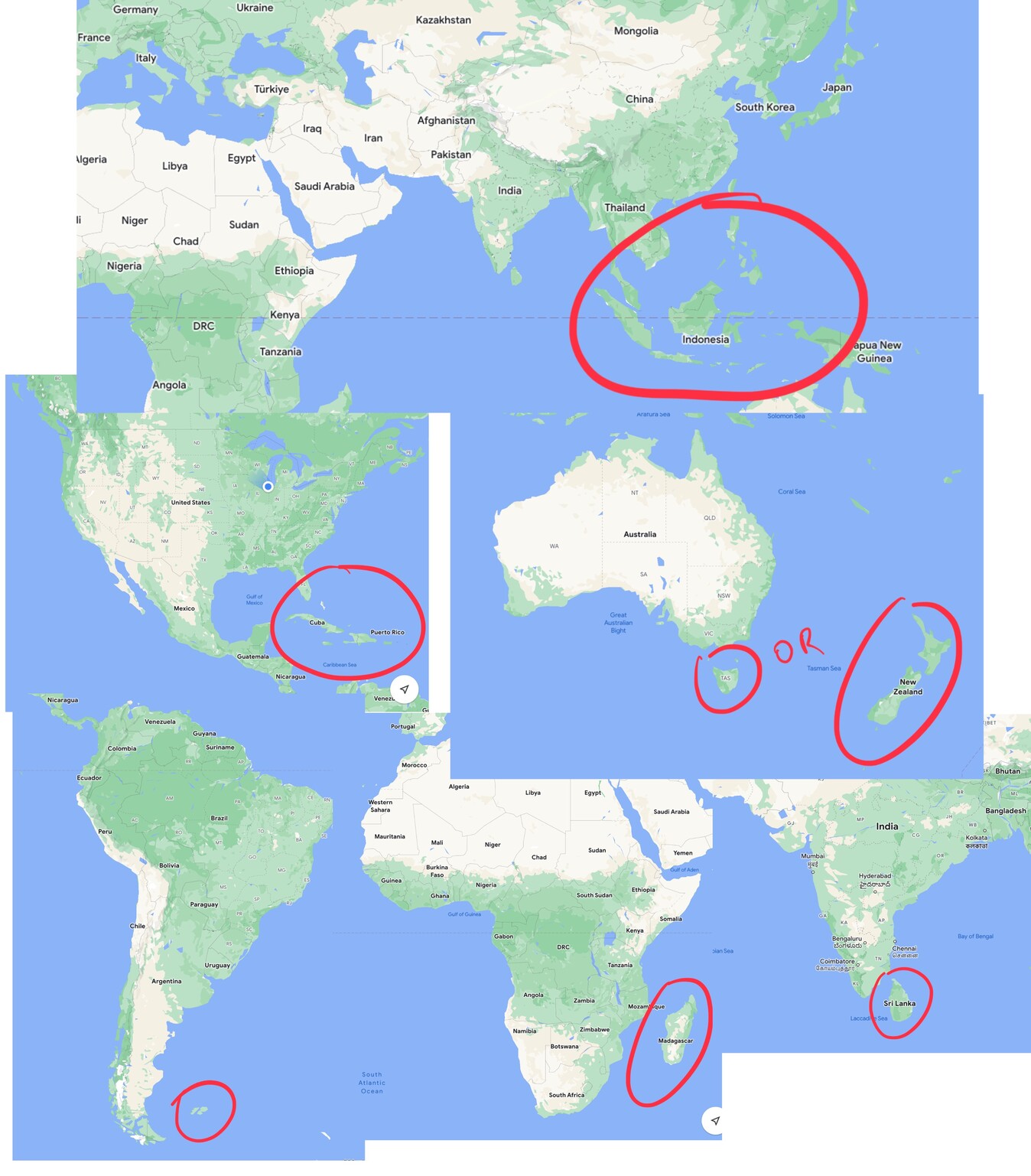 Asia, north and south america, australia, india, and africa all have a smaller southeastern island group if you squint 