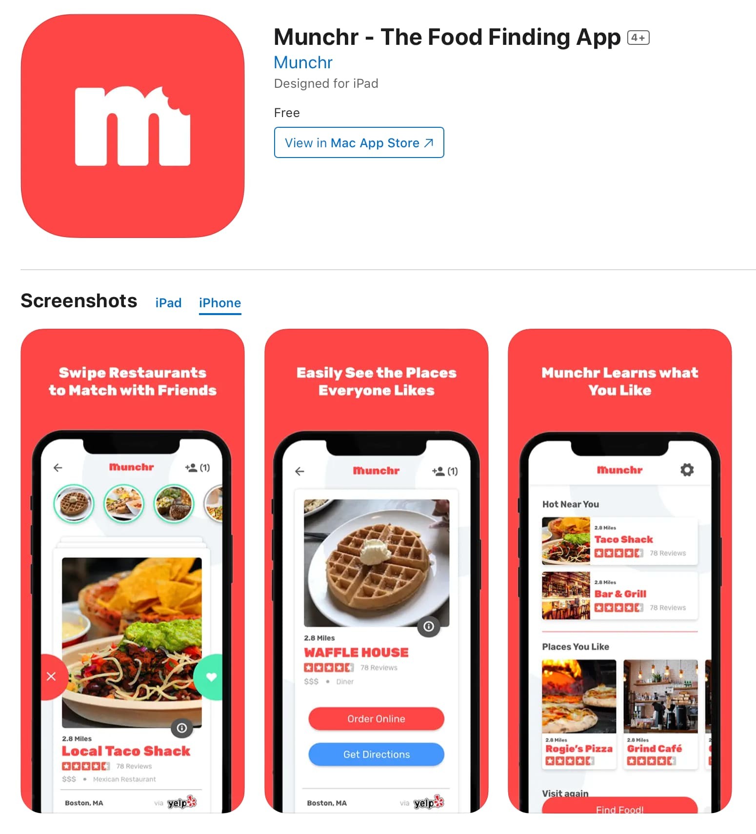 A screenshot of Munchr from the iPhone App Store showing it to be a food finding app