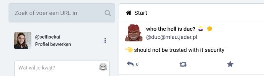 duc's post above on my Mastodon timeline. the emoji points to the left, where my username and profile pictures are shown.