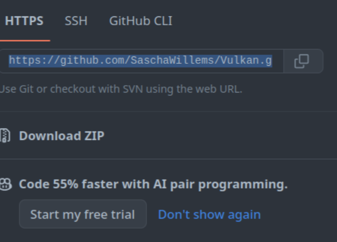 github clone popup with a "code 55% faster with AI pair programming" free trial notice