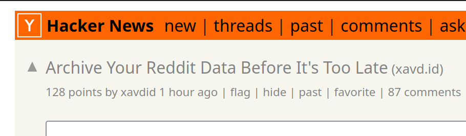 HN post titled: Archive Your Reddit Data Before It's Too Late 
