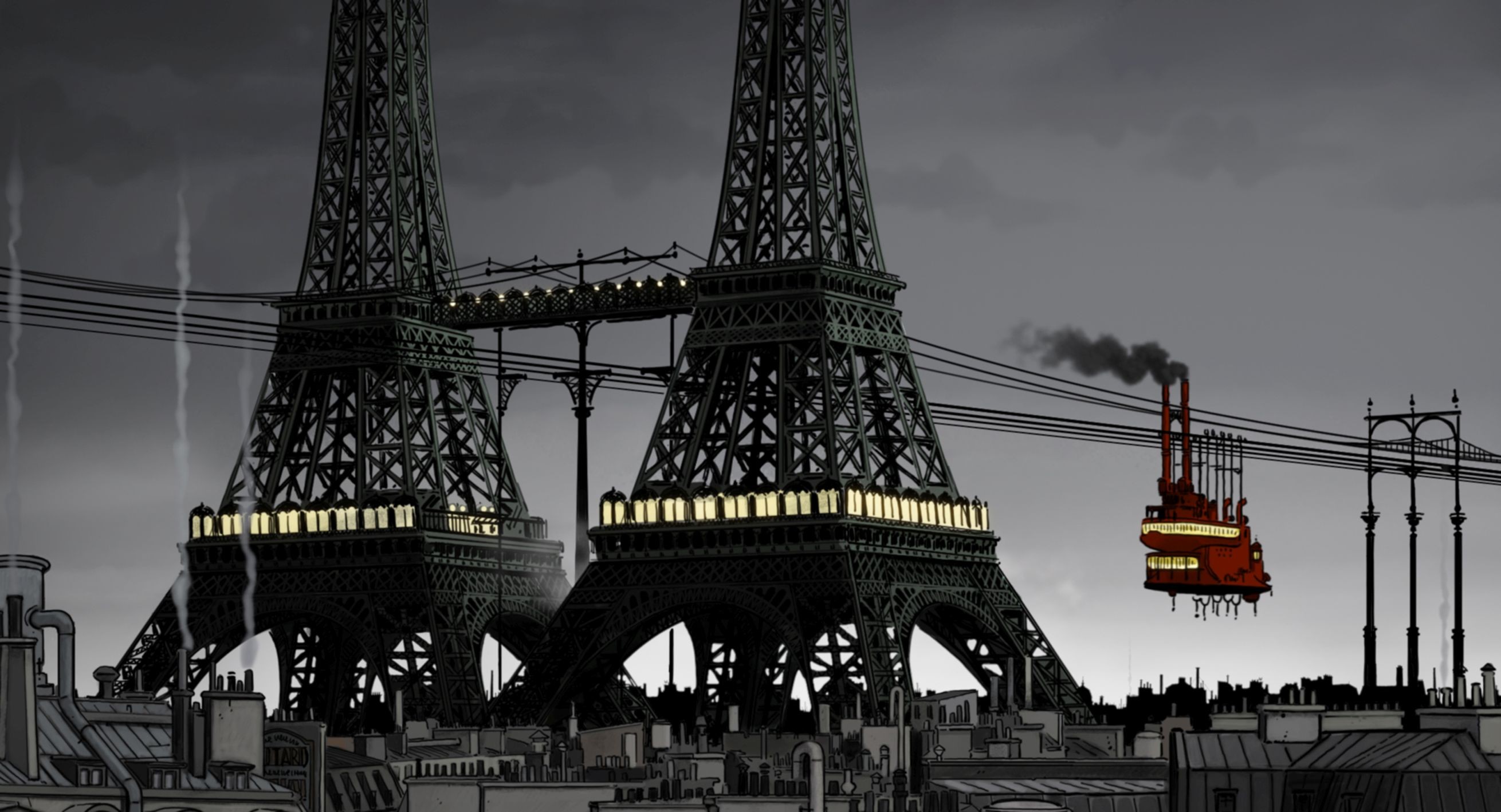 An airliner sized coal powered cable car traveling along cables over a filthy polluted alt-history Paris. The cables are supported by giant towers, including two Eiffel Towers. Still from the animated movie "April And The Extraordinary World." Go watch it it's great.