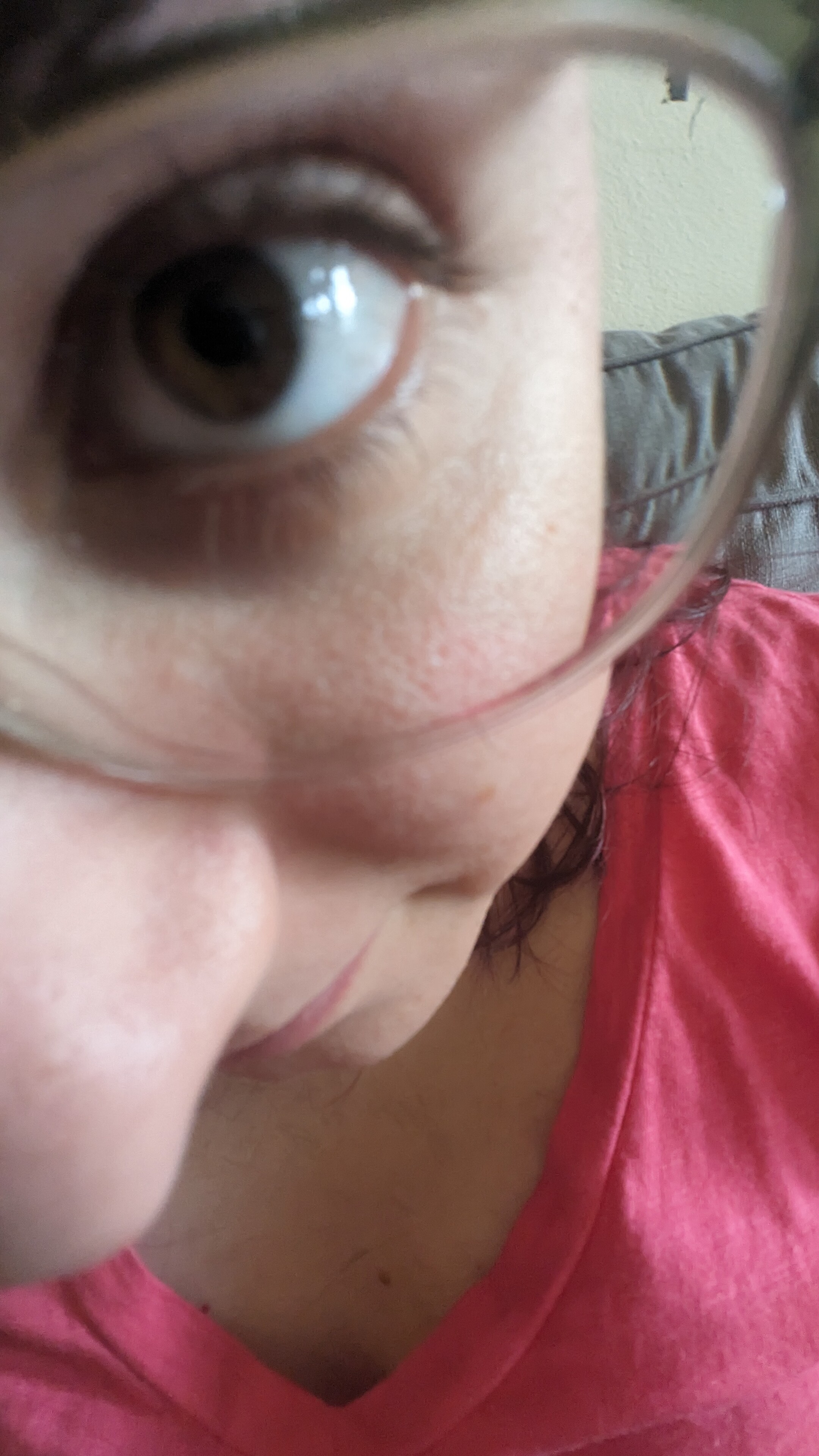 Fish eye angle lens focusing on a woman's eye. She's wearing a salmon colored shirt. Her eye and nose are comically exaggerated.
