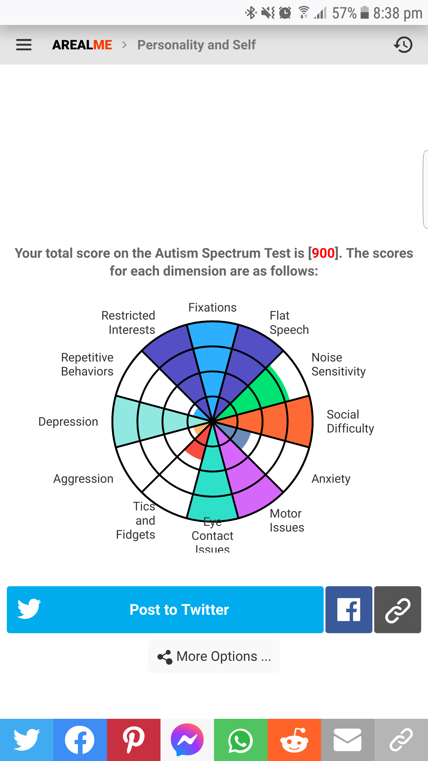 My total score on the autism test was 900, scoring high in restricted interests, fixations, flat speech, social difficulty, depression, eye contact issues, and motor issues, scoring slightly lower in noise sensitivity, and bearly scoring in repetitive behaviours, aggression, tics and fidgets, and anxiety.