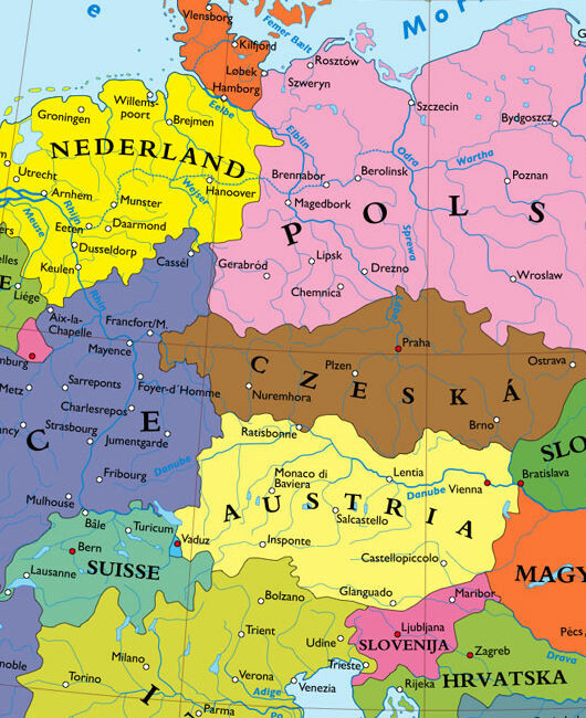 A map of Central Europe where Denmark, the Netherlands, Poland, France, Czechia and Austria are all expanded to into the area between them so that Germany has disappeared entirely 