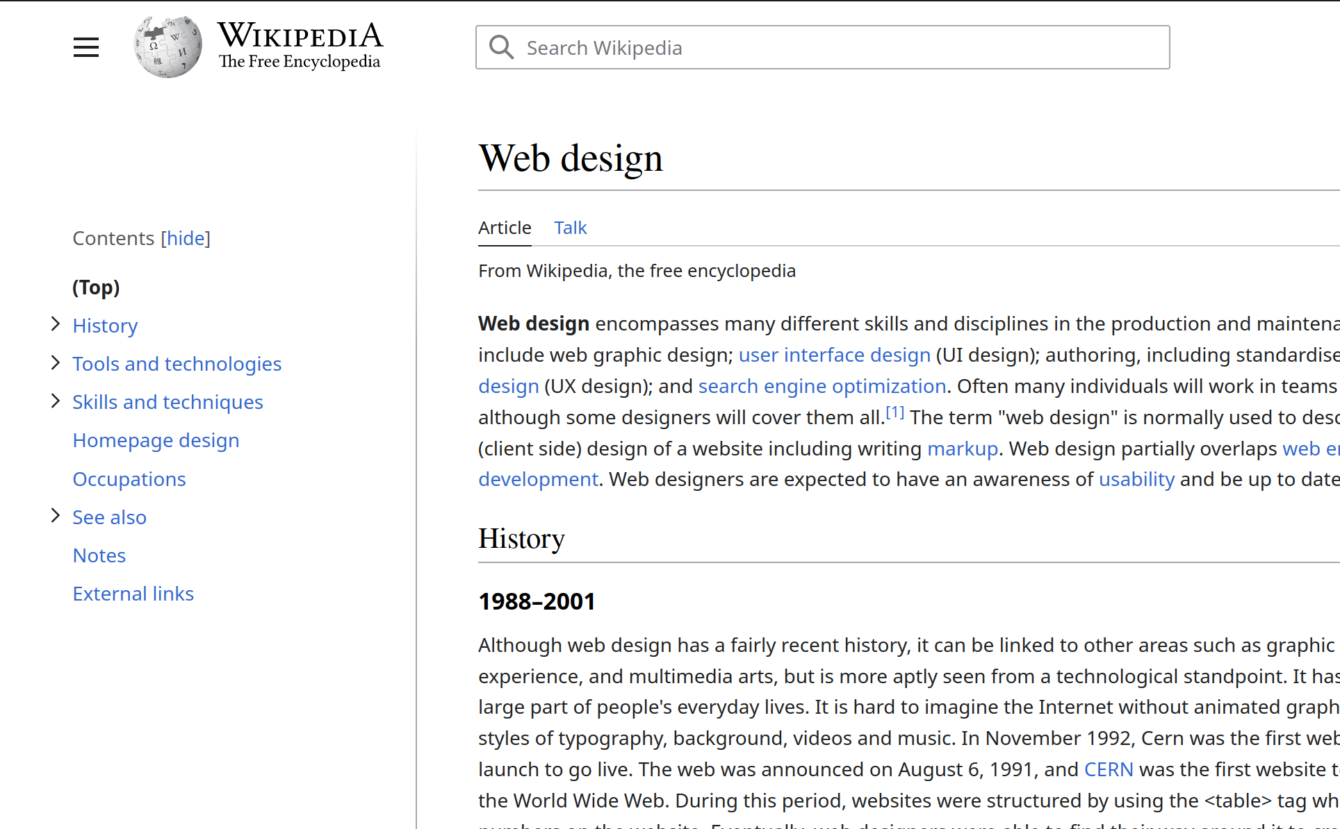A screenshot of the "web design" Wikipedia article with the new theme, with the CSS rule applied