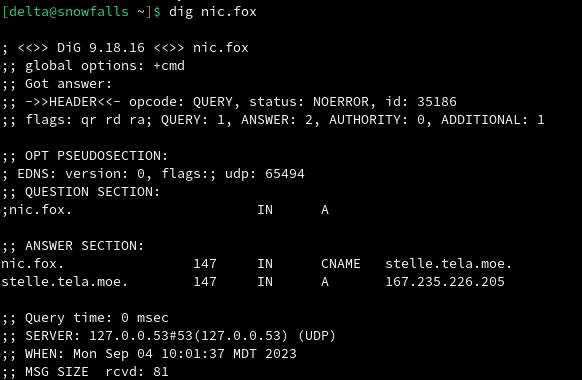 screenshot of the dig command requesting "nic.fox"

the answer is not the same answer that anybody else running the same command would get,

as the answer originates from a dns server that has rejected the official ICANN definition of the .fox tld, and has claimed control of it for itself, sending its own response, which in this case just points to my own server "stelle.tela.moe"