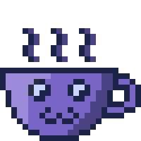 pixel art. purple teacup with eyes and animal face. the steam and the eyes move.