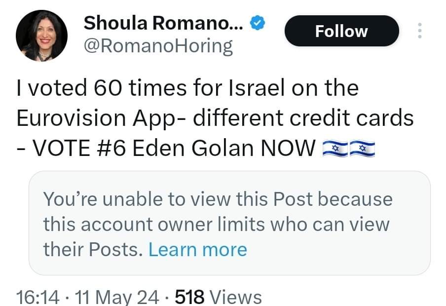 Tweet: voted 60 times for lsrael on the Eurovision App- different credit cards - VOTE #6 Eden Golan NOW Tweet: voted 60 times for lsrael on the Eurovision App- different credit cards - VOTE #6 Eden Golan NOW