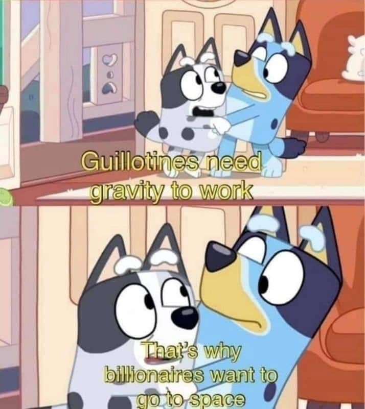Picture is a meme featuring Muffin and Bluey from the cartoon Bluey. 
The top part is captioned with “Guillotines need gravity to work”
The bottom is captioned “That’s why billionaires want to go to space”