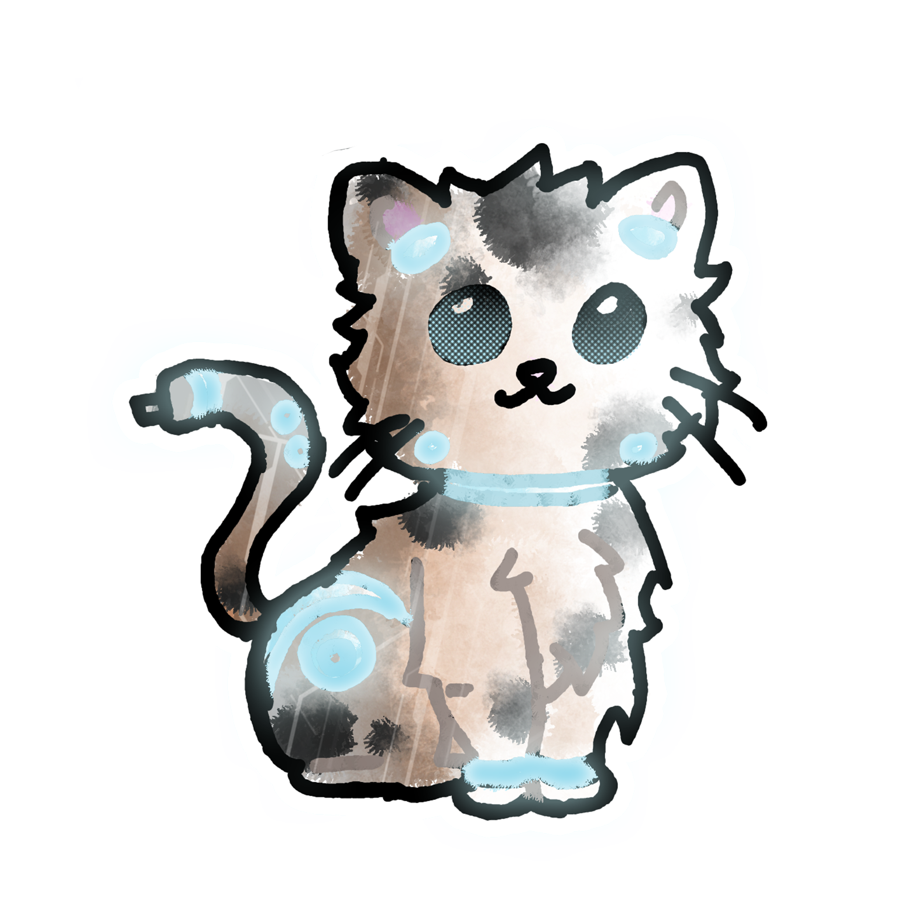 drawing of the robot kitten version of the maia kitten, a whiteish kitten with dark spots and blue lights its tail is a usb plug, its jsut sittin there n vibing