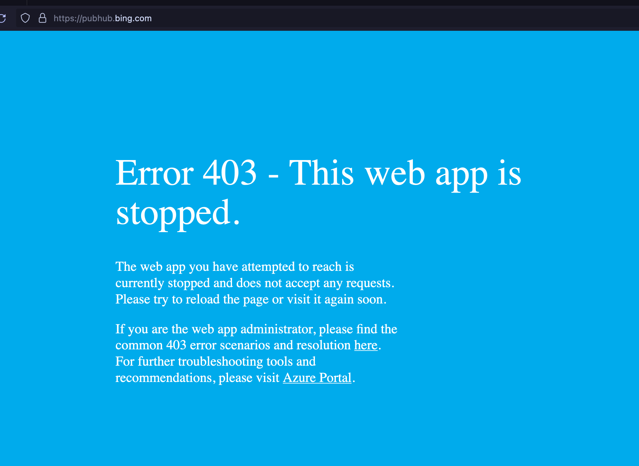 the azure vm for bing pubhub has been shutdown and the site 403's