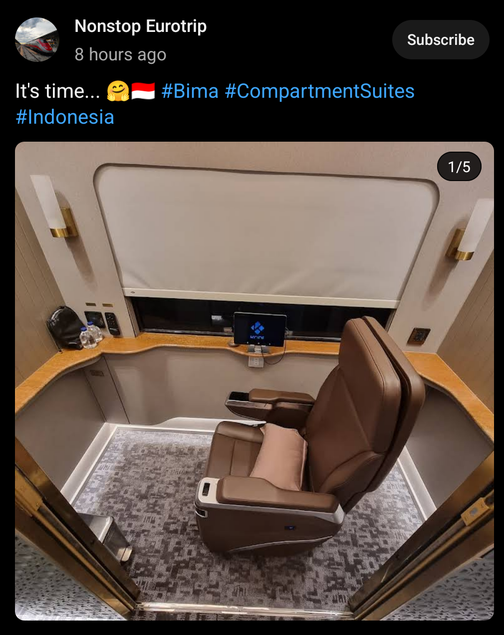 youtube post by nonstop eurotrip: it's time... #bima #CompartmentSuites #Indonesia. photo attached shows a luxurious compartment with just one seat. there's a tablet near the window showing the Kodi logo