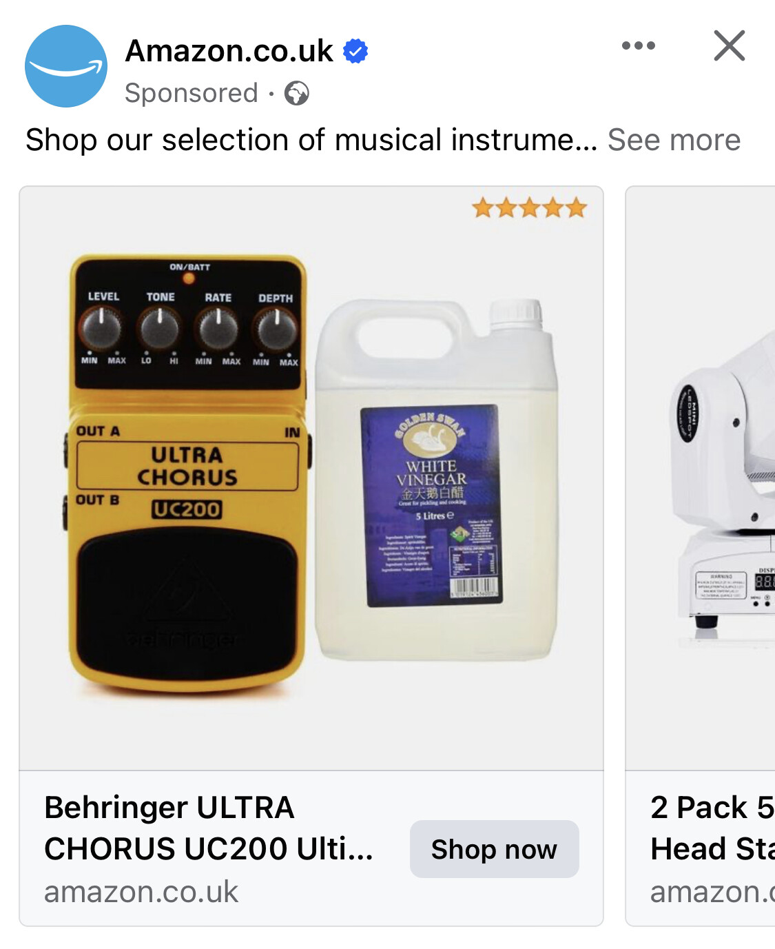 Screenshot of an Amazon advert on Facebook. 
The featured product is a behringer guitar pedal and 5 litre bottle of white vinegar. As one product. 