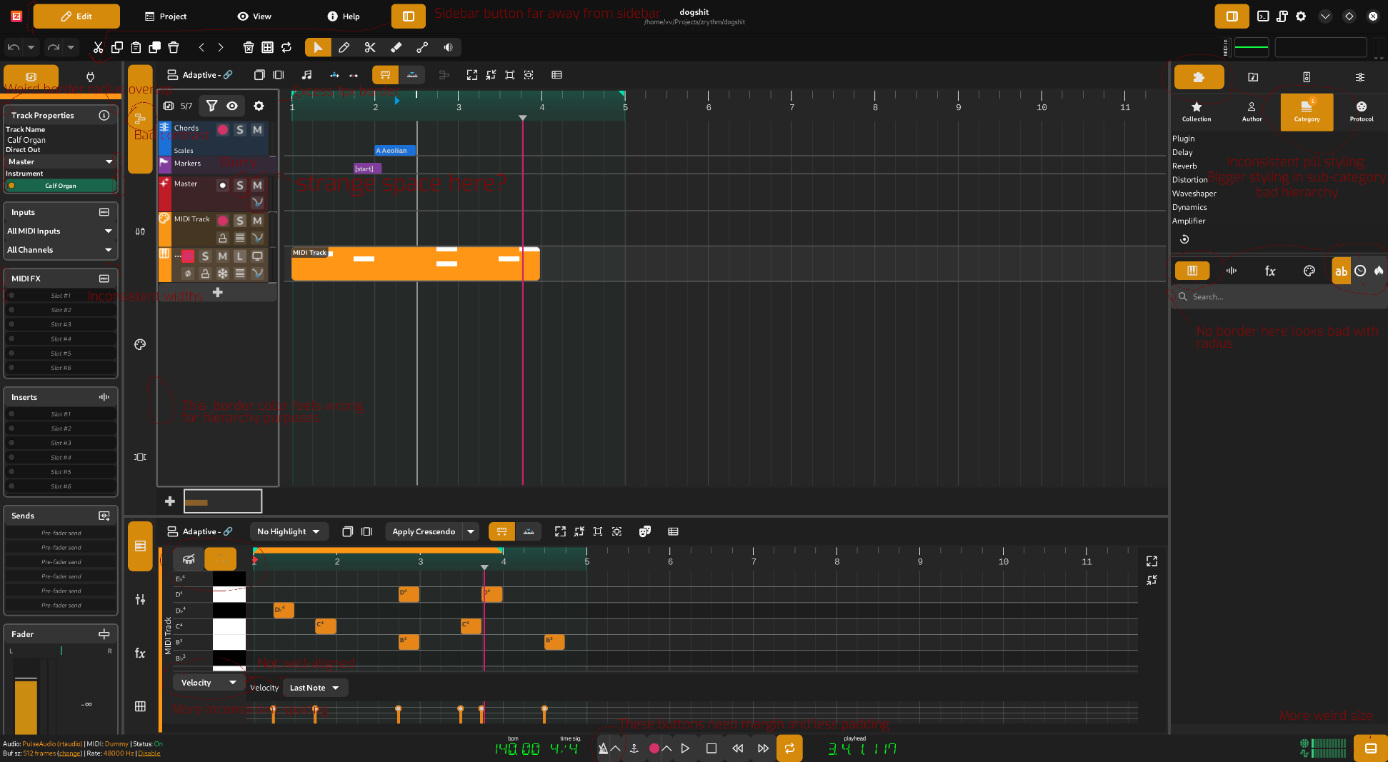 The ZRythm DAW interface with red markup and text explaining various UI issues. Mostly having to do with hierarchy and inconsistent spacing.