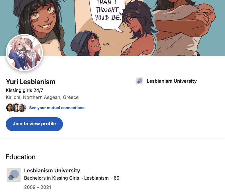screenshot of a linkedin account. its called Yuri Lesbianism. the profile picture is a yuri image. Education is Lesbianism University, with a Bachelors in Kissing Girls. the location is set to the island of Lesbos