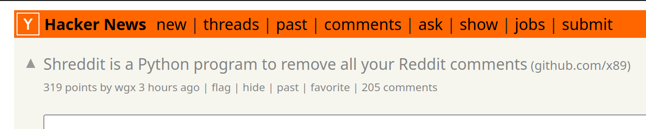 HN post titled: Shreddit is a Python program to remove all your Reddit comments