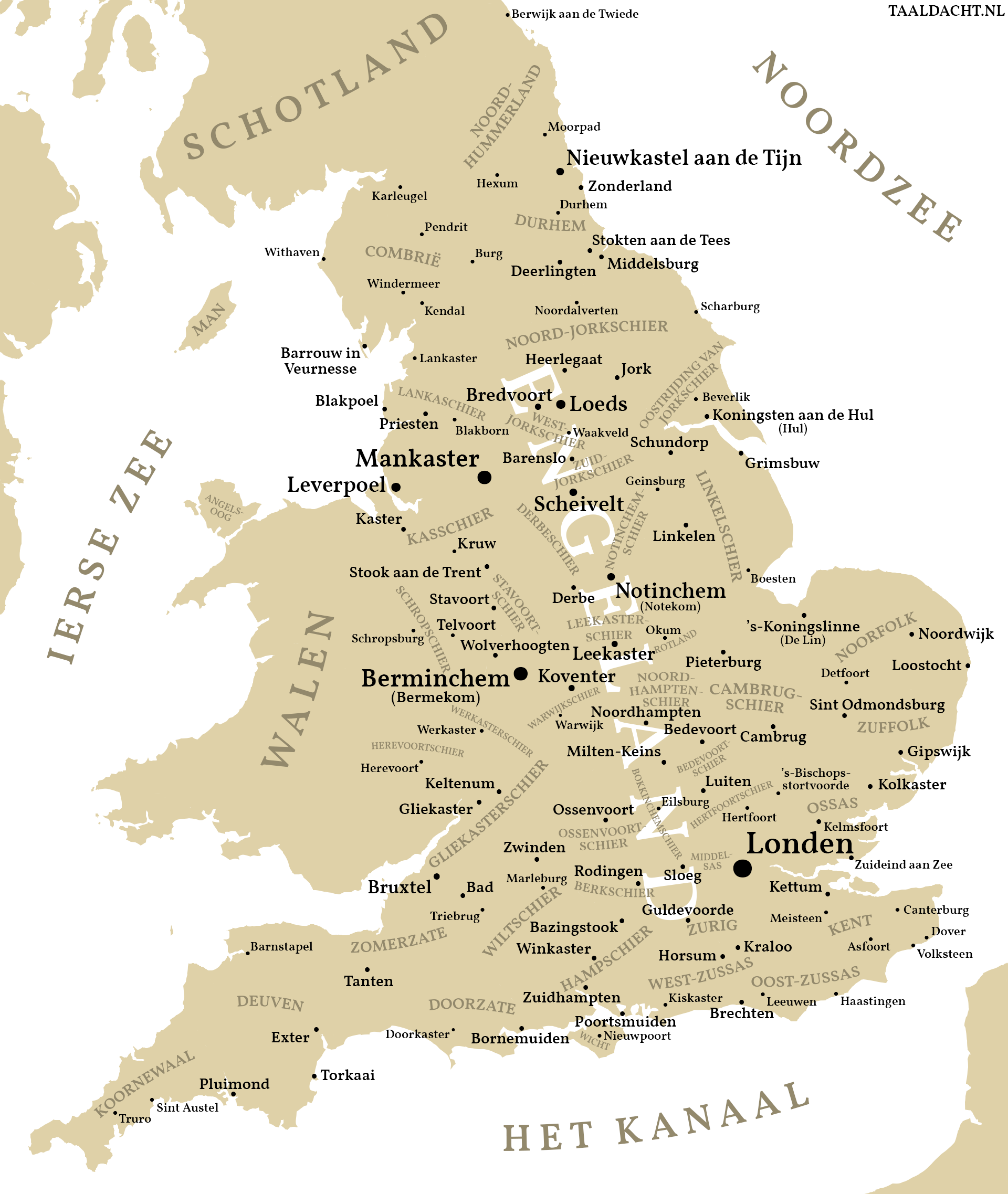 a map of England with all place names reformed in Dutch. so Birmingham becomes Berminchem (pronounced Bermekom), Manchester becomes Mankaster, Portsmouth becomes Poortsmuiden, etc.
