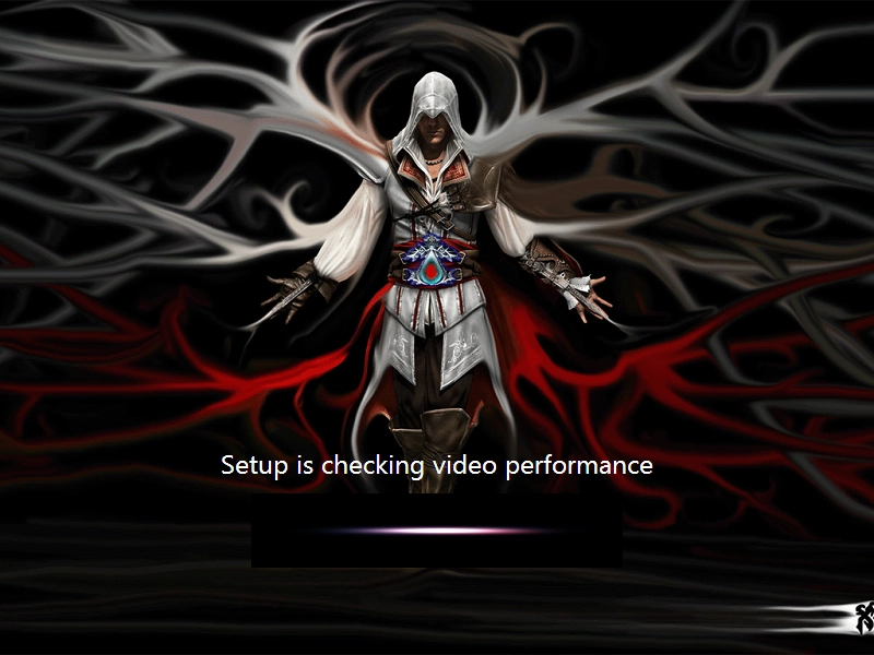 windows 7 installer "setup is checking video performance" screen but the background image is the assassin's creed guy looking all cool and shit with a bunch of branches or whatever extending from his clothing