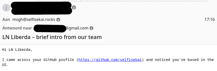 Subject: LN Liberda – brief intro from our team

Hi LN Liberda,

I came across your GitHub profile (https://github.com/selfisekai) and noticed you're based in the US.