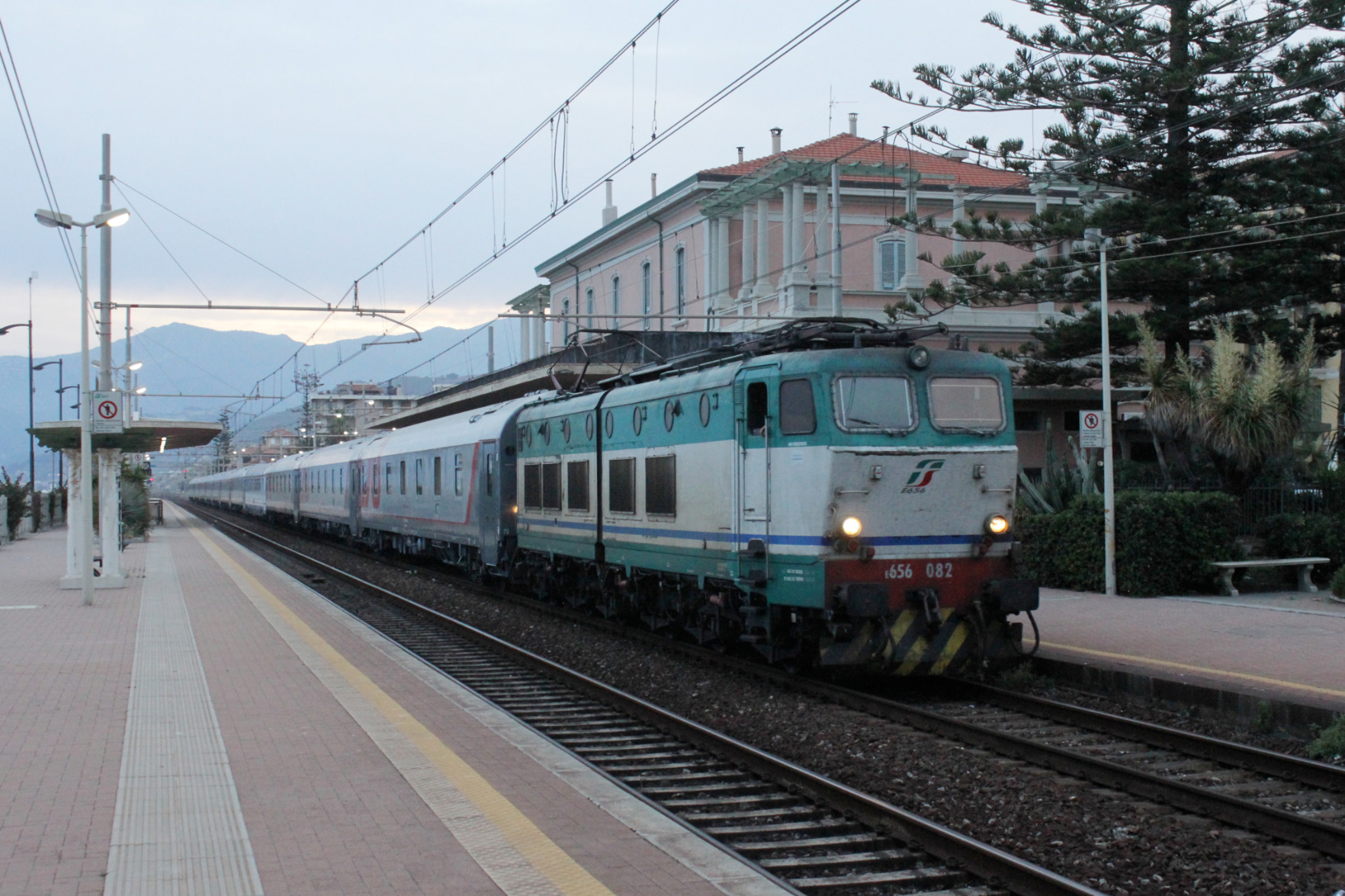 a train consisting of Russian Railways coaches and a Polish restaurant car running through Italy with Trenitalia locomotive in the front. Also Moscow - Nice connection here
