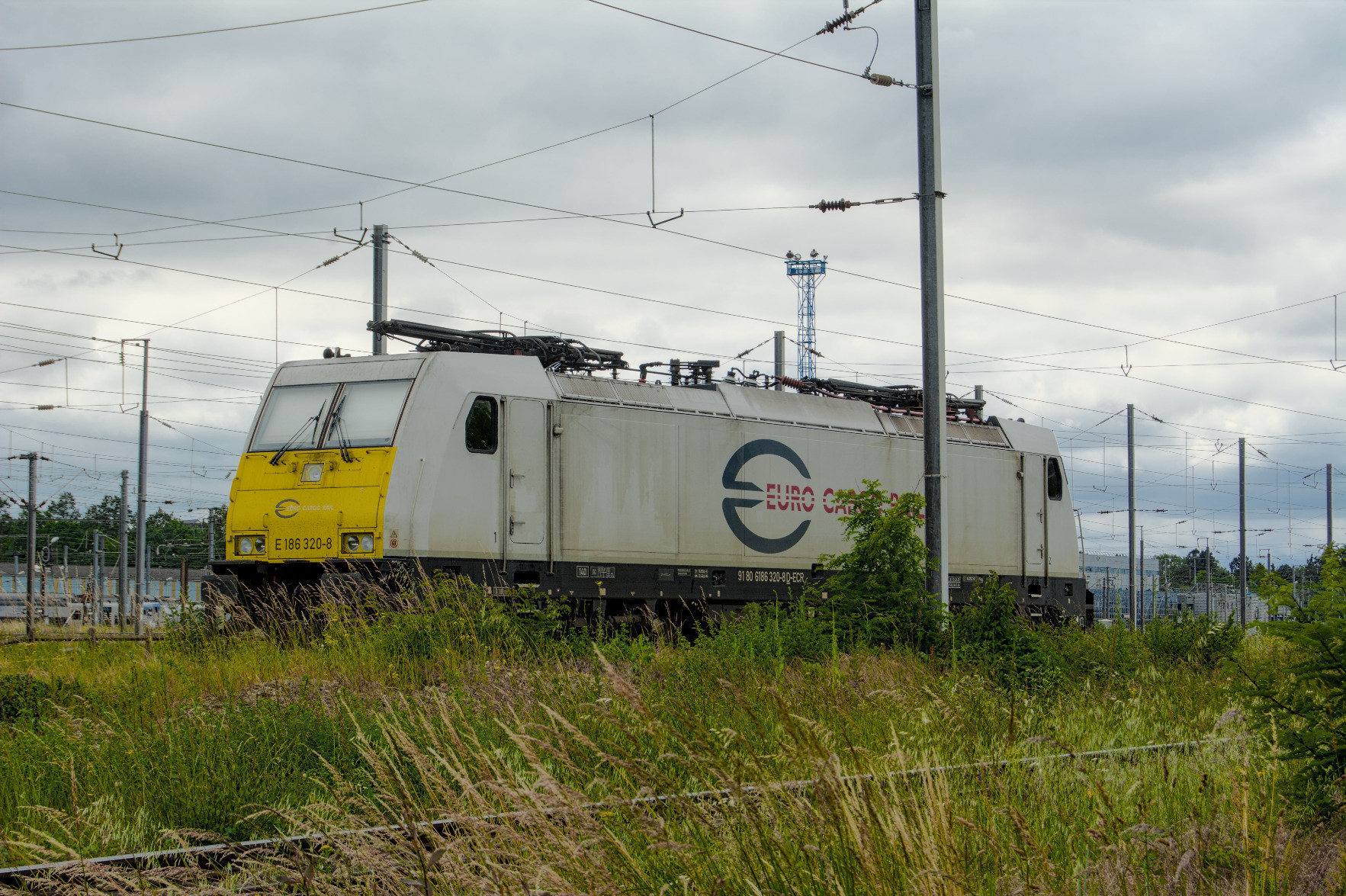 Euro cargo rail train, a yellow-nosed white locomotive parked alone in a railyard. Euro cargo rail train, a yellow-nosed white locomotive parked alone in a railyard.