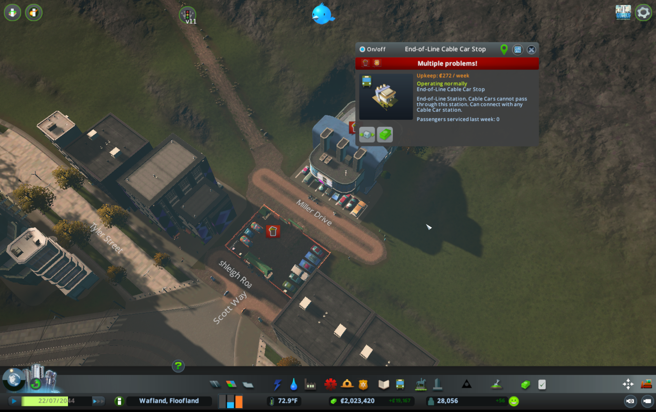 Cities Skylines screenshot: A cable-car stop and a park entrance that both have police and garbage problems because a regular road connection is required for both of them. But this is in a pedestrian area, so I've just put them on dirt roads.