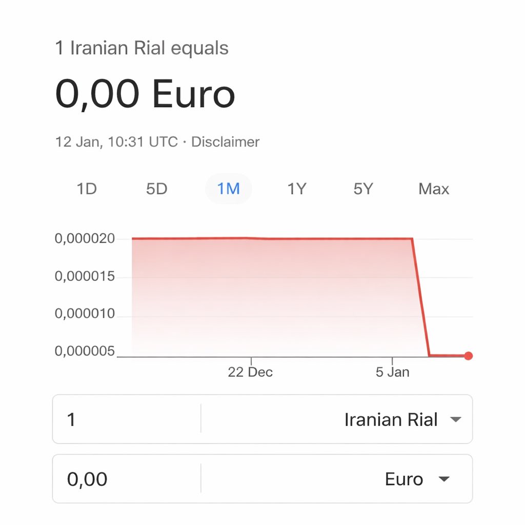 1 Iranian Rial equals 0.00 Euro 