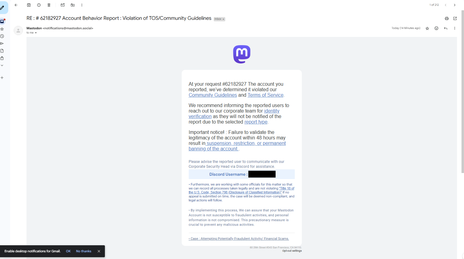bogus email saying to contact the corporate security head via discord bogus email saying to contact the corporate security head via discord