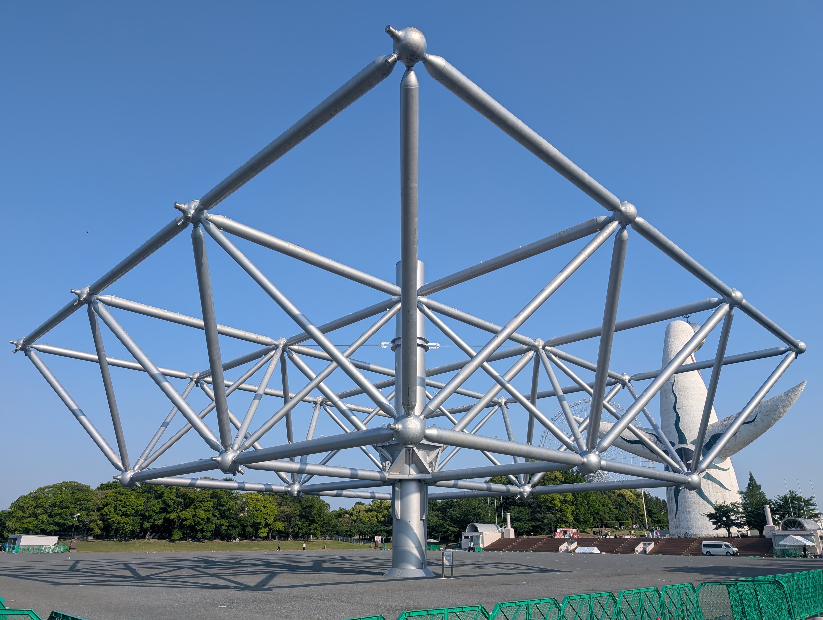 The remains of the space frame main expo hall structure. In the background is the Tower of the Sun structure 