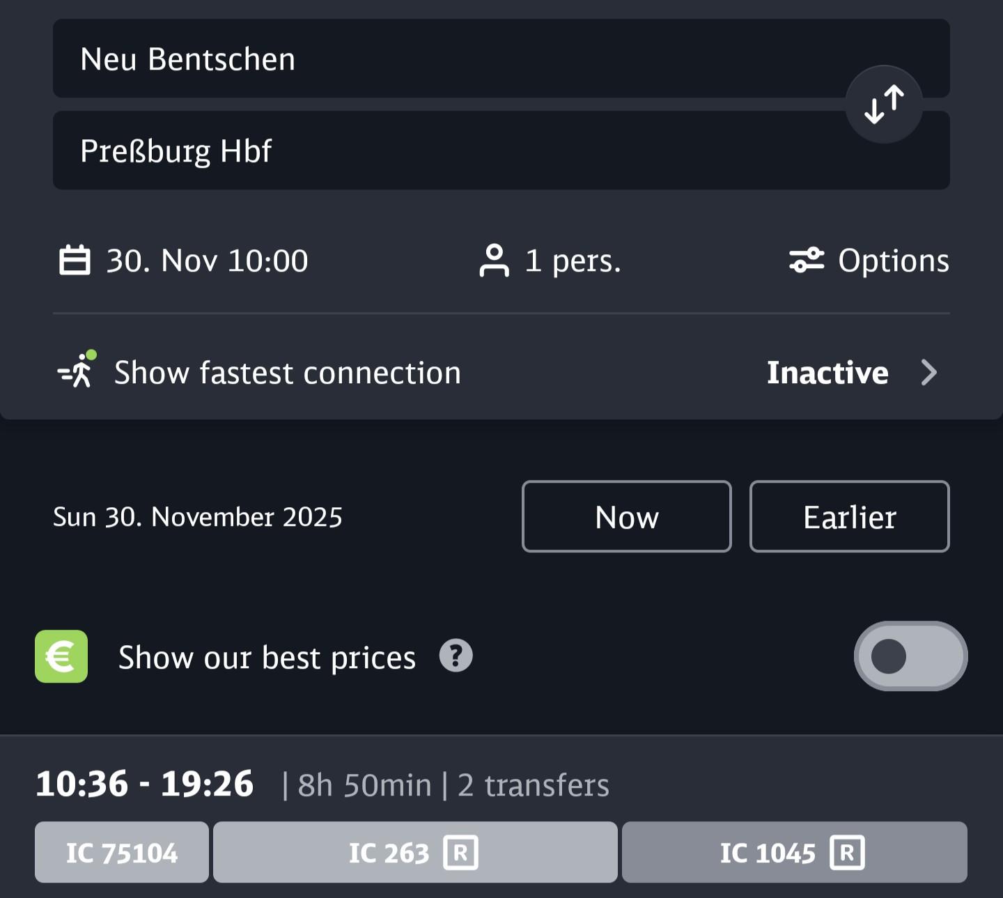Screenshot from DB Navigator for trip from Neu Bentschen to Preßburg Hbf, there is a result taking 8 hours 50 minutes with two changes