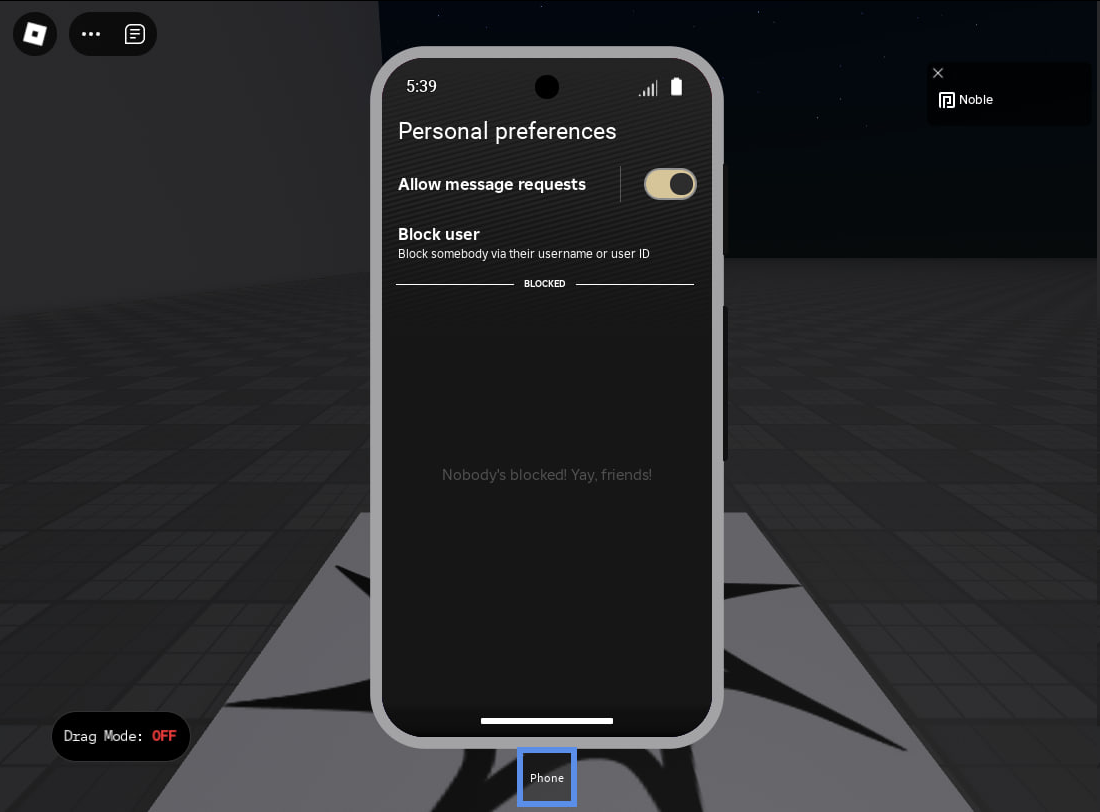 "Personal preferences" page of the messaging app. There's a toggle to allow message requests, a button to block somebody via username or ID, and a list of blocked players. No players are blocked, so a faint message reads: "Nobody's blocked! Yay, friends!" "Personal preferences" page of the messaging app. There's a toggle to allow message requests, a button to block somebody via username or ID, and a list of blocked players. No players are blocked, so a faint message reads: "Nobody's blocked! Yay, friends!"