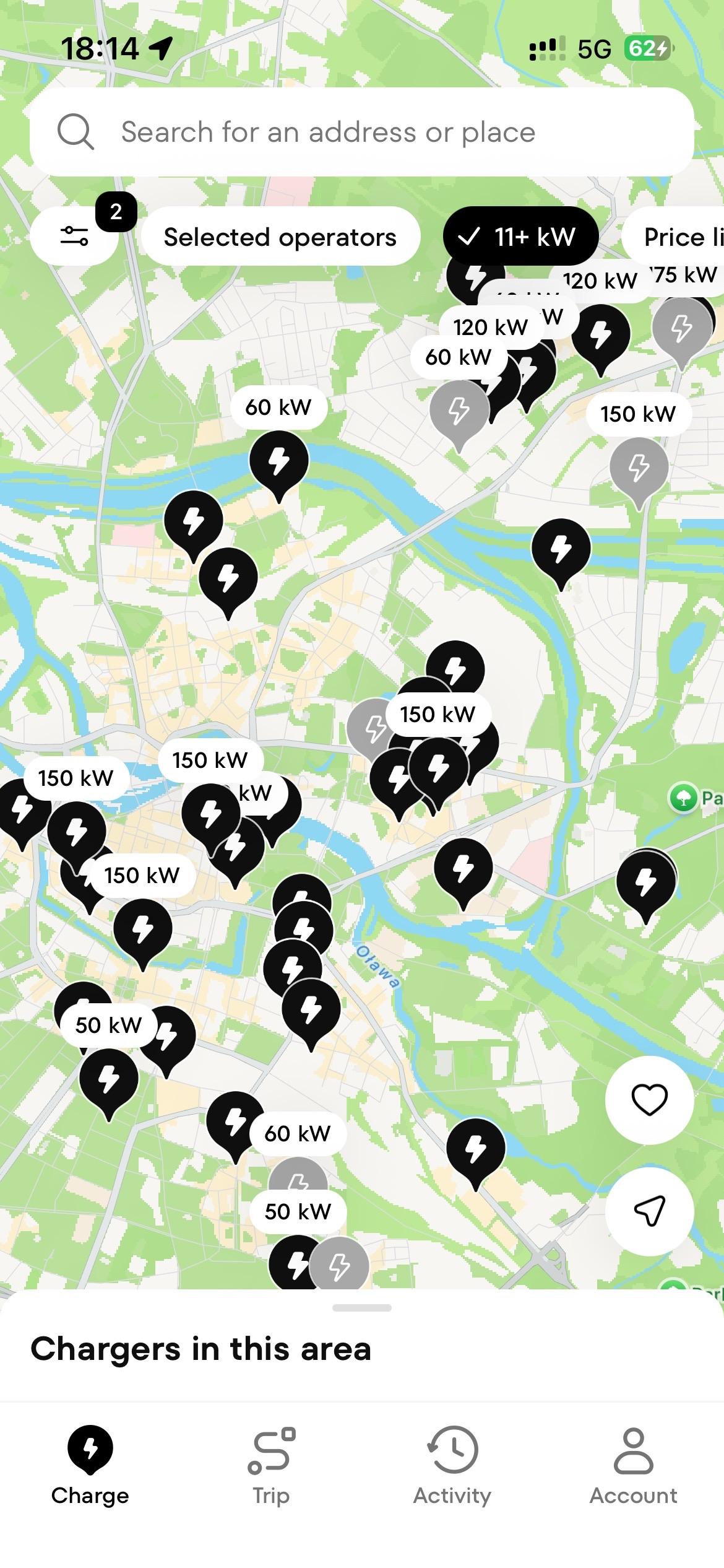 Plugsurfing app charger map around Wrocław with quite a few CCS fast chargers and even more type2 AC charging point