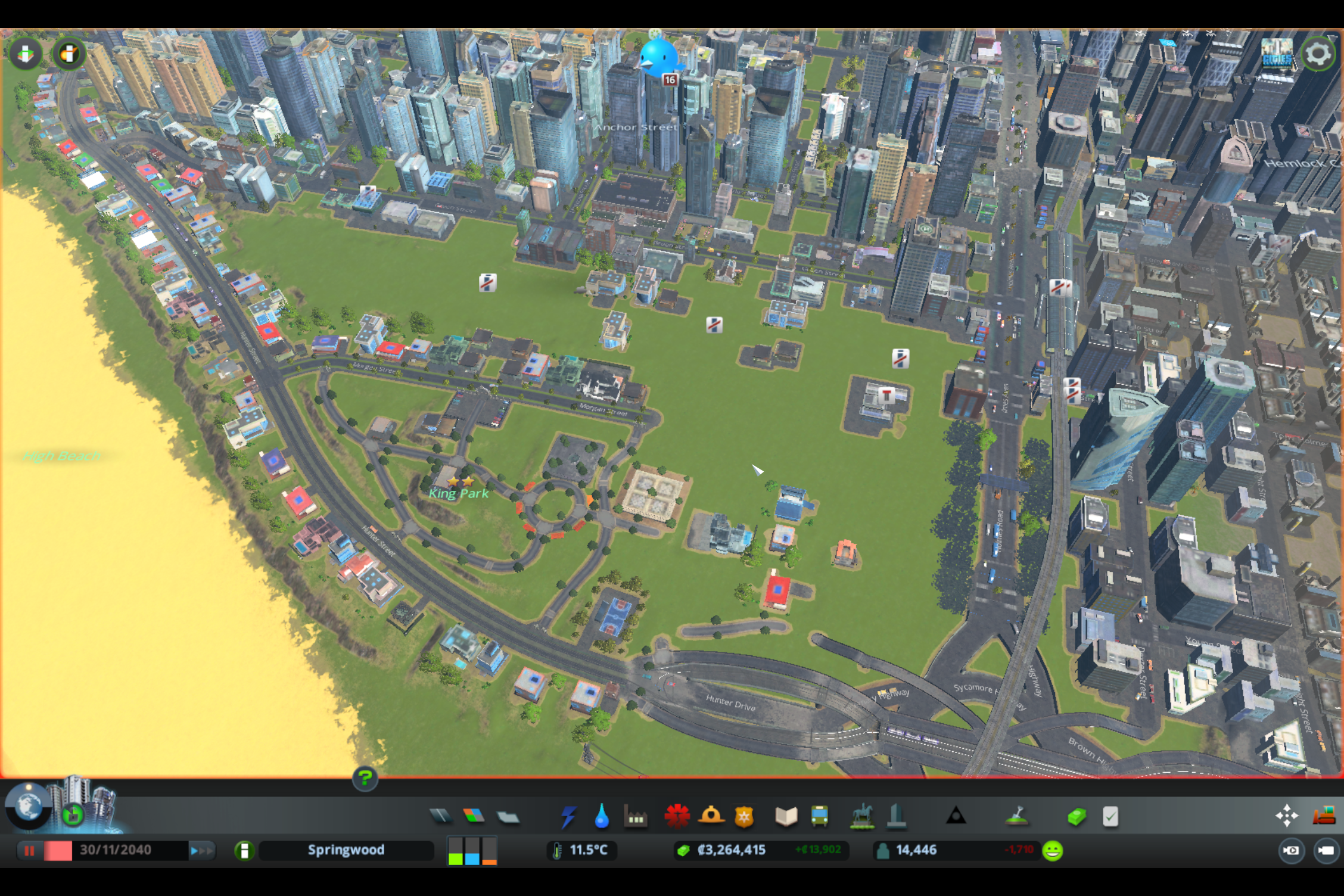 Cities Skylines screenshot, all of the pedestrian streets are just gone and there are a lot of disconnected things