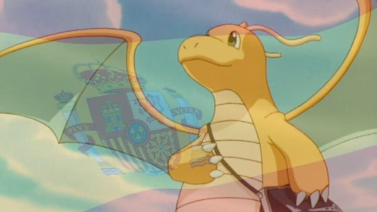 dragonite with a paw on the chest and the spanish flag superimposed