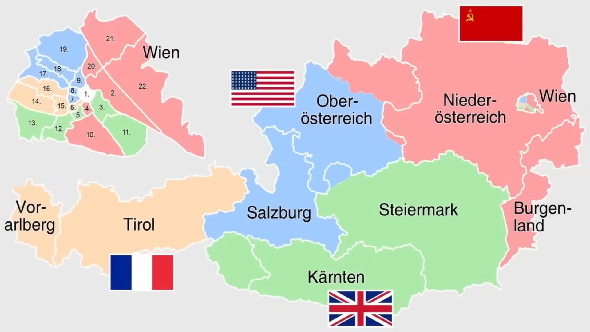 A map of austria and a closeup of vienna, there are 4 different colors with flags over them representing different countries

Vorarlberg and Tyrol to france
Salzburg and most of Upper Austria to the united states
a tiny bit of Upper Austria All of Lower Austria and Burgenland to the soviet union
Southern Tyrol, carinthia and Styria to the UK,
a closeup of vienna reveals a divide there aswell with several districts jumbled up towards these 4 nations
