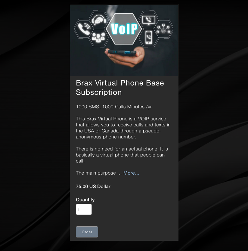"Brax Virtual Phone Base Subscription" at brax.me, selling for 75 USD, with 1000 SMS and 1000 minutes of calls per year "Brax Virtual Phone Base Subscription" at brax.me, selling for 75 USD, with 1000 SMS and 1000 minutes of calls per year