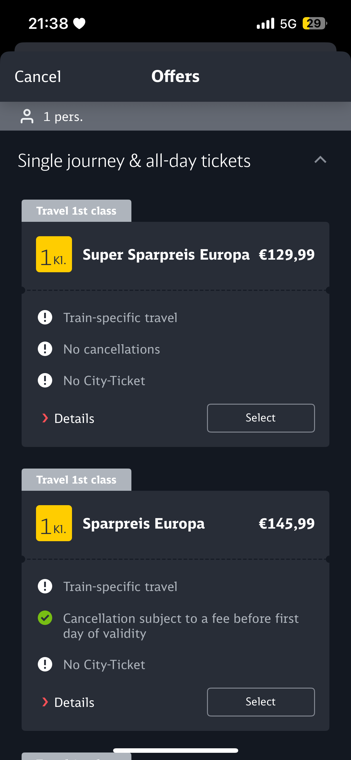 Super Sparpreis in 1st class for 130 EUR